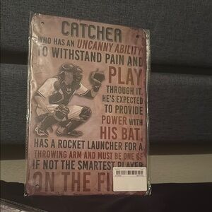 Vintage Baseball Catcher Metal Sign